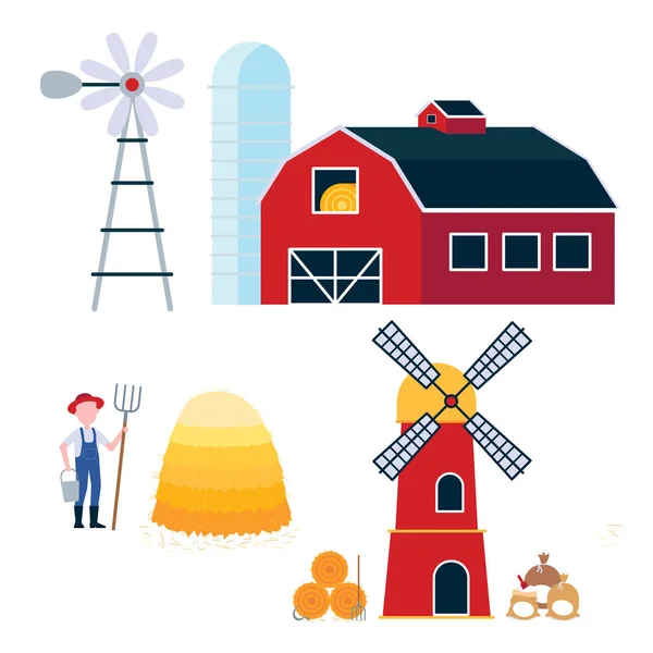 Countryside Harvestind Farming Building Tools Set Barn Windmill Silo Mill — Stock Vector