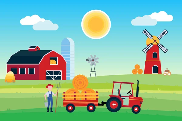 Village Harvesting Landscape Poster Banner Wallpaper Tractor Semi Trailer Hay — Stock Vector