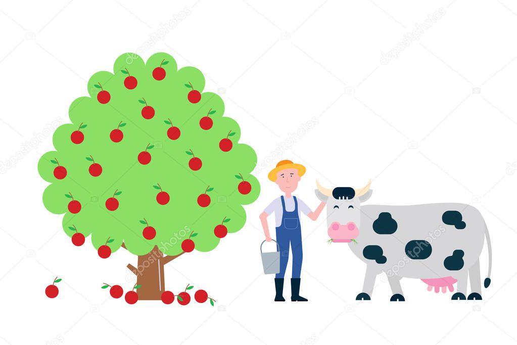 Landscape elements set with black white spotted cow stand with grass mouth near farmer and fruit tree with apples flat style vector illustration. 
