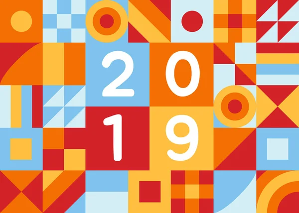 2019 新年挨拶はがきフラット スタイル デザイン ベクトル図の幾何学的な色要素と番号豚の — ストックベクタ