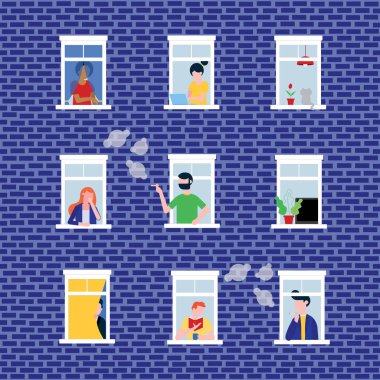 Various people in their windows behind brick wall characters flat style vector illustration. Neighbors as is that living in  apartments and do their deeds near windowsill seamless pattern clipart