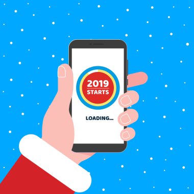 Santa ile zaman ekran yükleme sayfasında telefon tutar. 2019 neredeyse başlar. Xmas için düz stil tasarım davet veya 2019 yeni yıl partisi Olay Kartpostalı vektör çizim arka plan üzerinde izole.