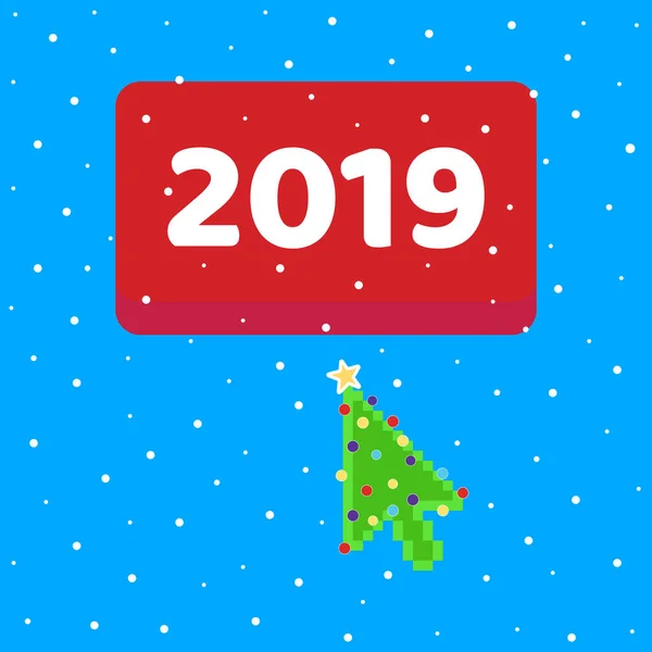 Knop 2019 Met Pijl Cursor Kerstboom Pixel Aanwijzer Push Vlakke — Stockvector