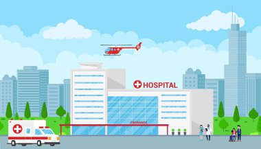 Hastane konsepti ile düz stil oluşturma, Doktor, Hemşire, hasta, helikopter ve ambulans arabaya. Bina, doktorlar, hemşireler, Tekerlekli sandalye, ambulans araba, helikopter ve şehir arkasında kadın Hastanesi.