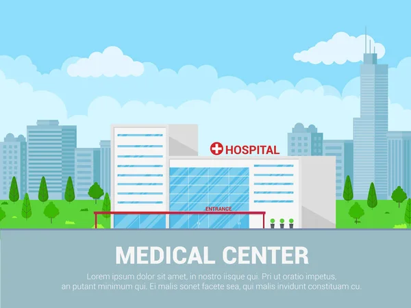 Paisagem Hospital Edifício Conceito Médico Design Estilo Plano Fundo Panorâmico — Vetor de Stock