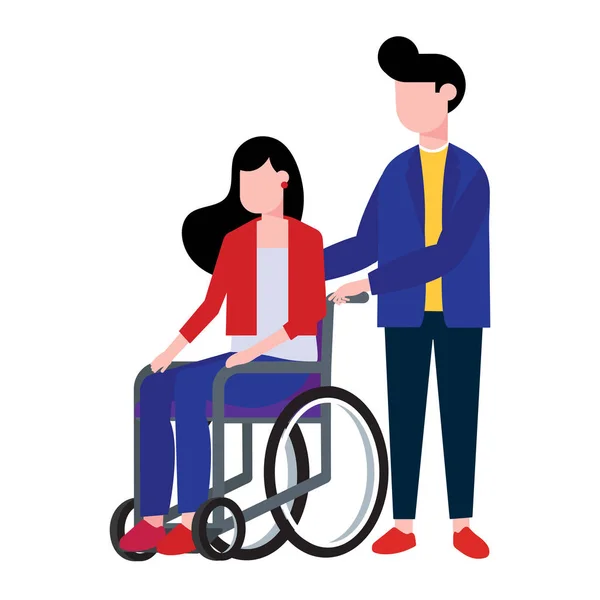 Eine Junge Frau Rollstuhl Und Ein Männlicher Helfer Halten Ihn — Stockvektor