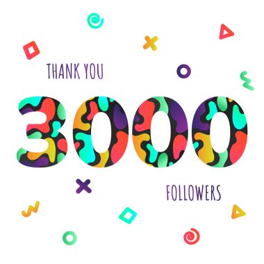 Teşekkür ederim 3000 takipçileri numaraları kartpostal. Degrade düz stil degrade 3 k tebrik görüntü vektör illüstrasyon izole beyaz arka plan üzerinde sağ ol. İnternet medya ve sosyal ağlar için şablon
