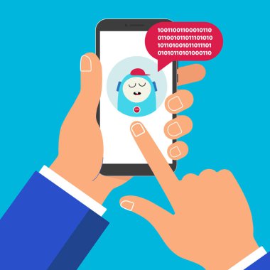 Siyah cep telefonu üzerinde mavi arka plan izole tutan el. Smartphone sohbet bot ile insanın elinde konuşmak sohbet kabarcık ve işaretçi parmak düz tasarım vektör çizim üzerinde haşhaş ekranında,. 
