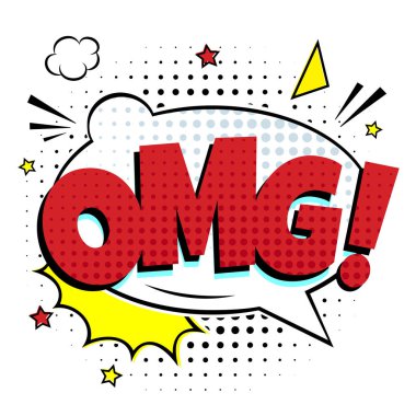 OMG yazı komik! konuşma balonu çizgi roman tarzı düz tasarım içinde. Dinamik pop sanat illüstrasyon izole beyaz arka plan üzerinde. Ünlem işareti Oh Tanrım!