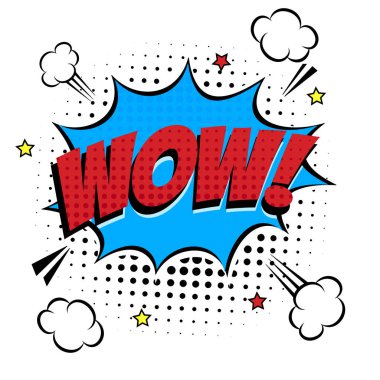 Wow yazı komik! konuşma balonu çizgi roman tarzı düz tasarımında. Dinamik retro pop sanat illüstrasyon izole beyaz arka plan üzerinde