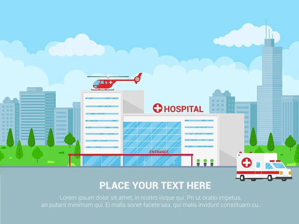 Conceito Hospital Com Edifício Médico Enfermeiro Pacientes Helicóptero Carro Ambulância — Vetor de Stock
