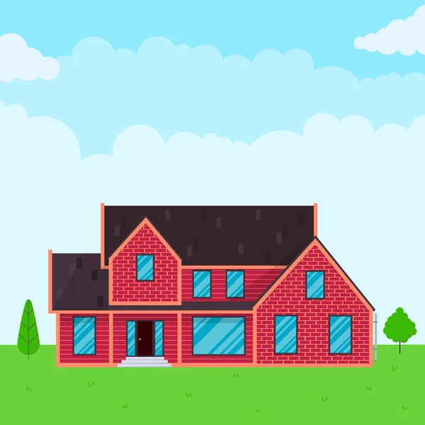 Casa Exterior Estilo Plano Diseño Vectorial Ilustración Con Techo Ventanas — Vector de stock