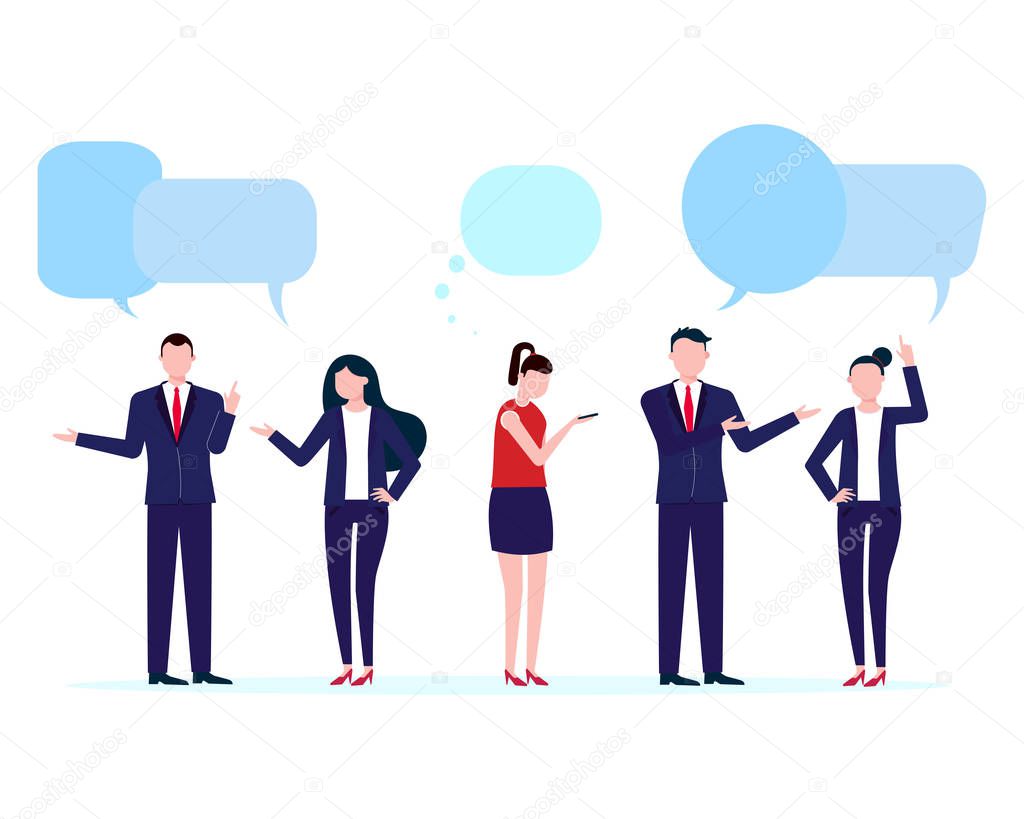 Businessmen social conversation network discuss, social network chat or dialogue with chat speech bubbles flat style design vector illustration isolated on white background. Sharing news, messages.