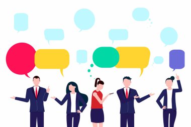 İşadamları sosyal konuşma ağ tartışmak, sosyal ağ sohbet ya da sohbet etmek konuşma kabarcıklar düz stil tasarım vektör illüstrasyon izole beyaz arka plan üzerinde ile diyalog. Haber, mesajları paylaşımı.