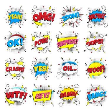 16 Comic lettering set in the speech bubbles comic style flat design. Dynamic pop art illustration isolated on white background. Exclamation concept of comic book style pop art voice phrases. clipart