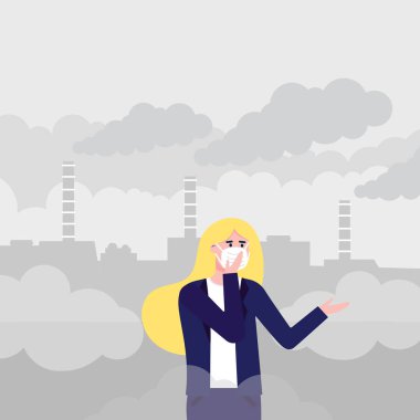 Karışık kadın smog karşı maske takıyor. İnce toz, hava kirliliği, endüstriyel duman koruma kavramı düz stil tasarlamak vektör. Endüstriyel Tesis boru duman arkasında büyük bulutlar ile.