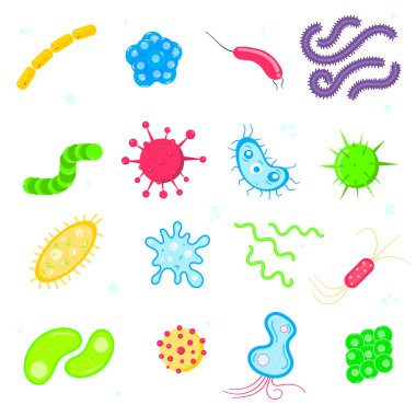 Bakteriyel mikroorganizma, mikrop ve virüs renkli ayarlayın. Virüs ve enfeksiyonlara renkli, mikro-organizmaların hastalığı nesneleri kümesini, hücre kanser vektör düz stil tasarım vektör illüstrasyon izole.