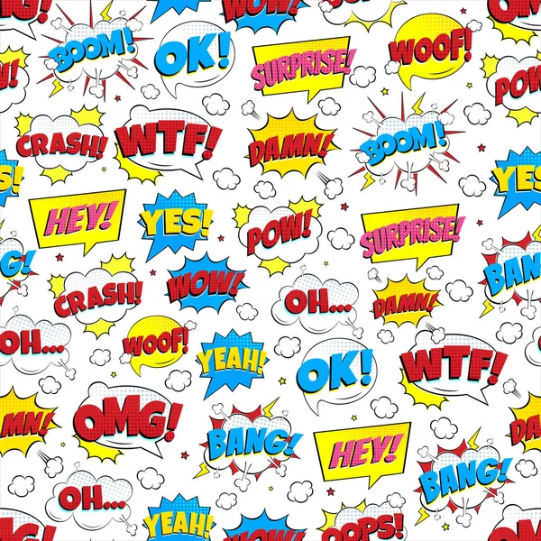 Colorful Comic Speech Bubbles Seamless Pattern Phrases Omg Pow Bang — Stock Vector