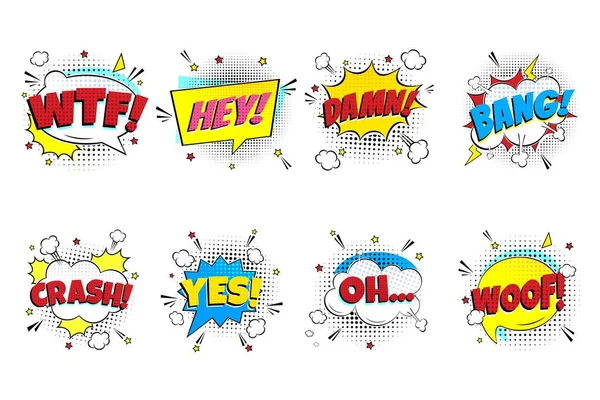 Comic Lettering Set Wtf Hey Damn Bang Crash Yes Woof — Stock Vector