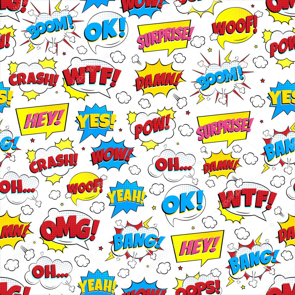 Colorful comic speech bubbles seamless pattern with phrases: OMG!, POW!, BANG!, OOPS!, WOW!, SURPRISE!, BOOM! etc. Flat style design vector illustration isolated on white background. Chaotic version.
