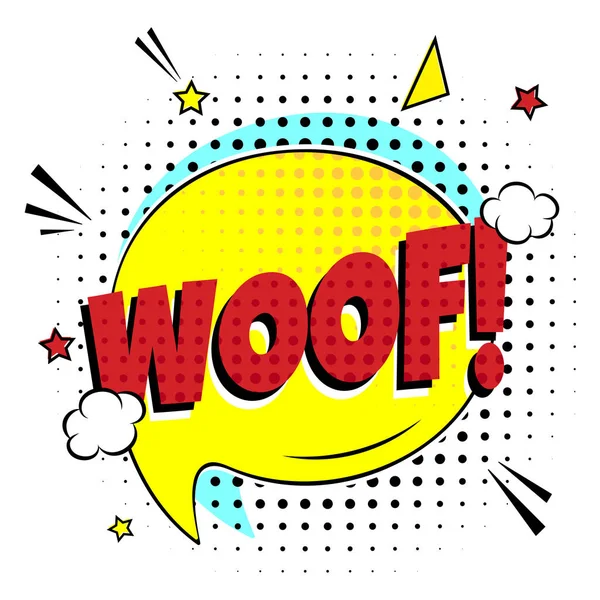 Letteratura Comica Woof Nel Discorso Bolla Stile Comico Design Piatto — Vettoriale Stock