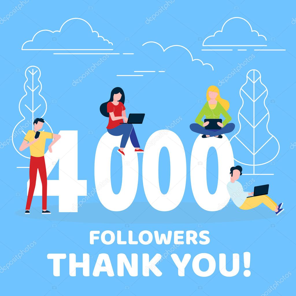Thank you 4000 followers numbers postcard. People man, woman big numbers flat style design 4k thanks vector illustration isolated on confetti background. Template for internet media and social network