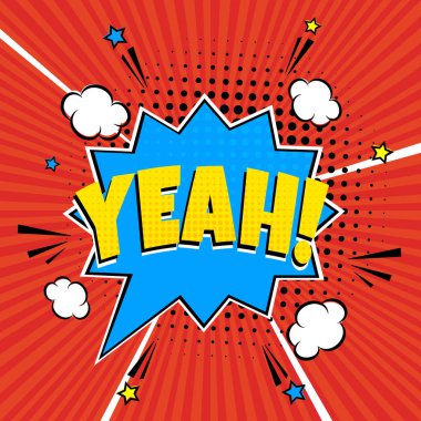Evet yazı komik! konuşma balonu çizgi roman tarzı düz tasarım içinde. Dinamik retro vintage pop sanat vektör illüstrasyon izole kırmızı ışınları arka plan üzerinde. Ünlem işareti Oh Evet!