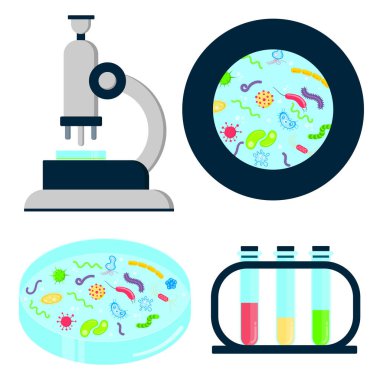 Laporatory analisys ekipman ayarla. Mikroskop, petri dish, tüpler sahibi ile test ve görünümü bakterilerin, mikrop, virüs ve mikroorganizmaların düz stil karikatür tasarım vektör illüstrasyon izole yakınlaştırılmış.