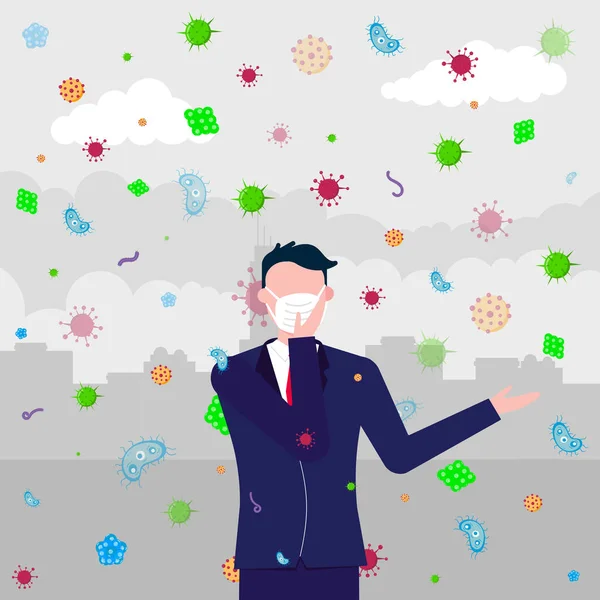 Der Mann Mit Der Maske Bakterien Und Viren Fliegen Weil — Stockvektor