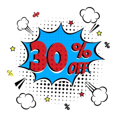 % 30 satış harflerle komik! konuşma balonu çizgi roman tarzı düz tasarım içinde. Dinamik retro vintage pop sanat illüstrasyon izole beyaz arka plan üzerinde. Ünlem % 30 etiket veya etiket için depo veya dükkan.