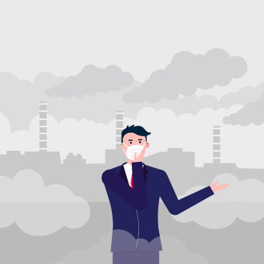 Şaşkın adam smog karşı maske takıyor. İnce toz, hava kirliliği, endüstriyel duman koruma kavramı düz stil tasarlamak vektör. Endüstriyel Tesis boru duman arkasında büyük bulutlar ile.