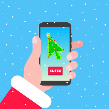 Noel Baba Noel ağacı işaretçi işaretçi oku ile telefon üstünde belgili tanımlık perde tutar. Xmas için düz stil tasarım davet veya 2019 yeni yıl partisi Olay Kartpostalı vektör çizim arka plan üzerinde izole.