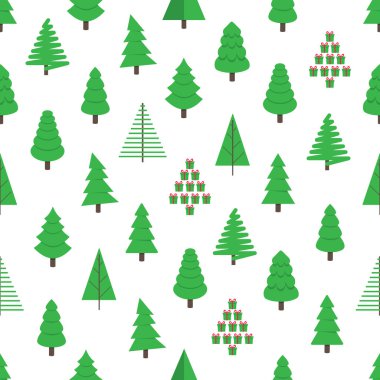 Sorunsuz Noel ağacı yeşil çam düz stil tasarım desen vektör çizim. Beyaz arka plan üzerinde izole aile xmas tatil kutlaması sembolü. Basit şekli bayram şal, kumaş veya doku.