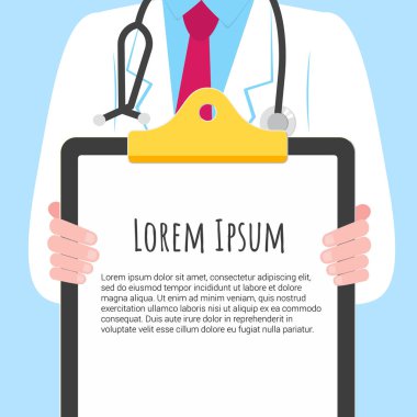 Bir pano metni ile holding ile yakın çekim doktor. Temiz kağıt üzerinde açık mavi renkli izole yazma veya yararlı bilgi düz stil tasarımı için. Erkek, stetoskop ile hastane çalışanı.