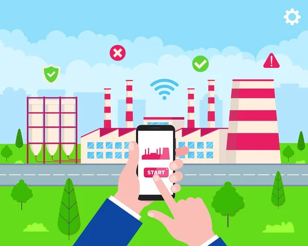 Akıllı fabrika düz stil vektör çizim binası. İşadamı onun elinde telefon ile başlar ve büyük bitki Smartphone uygulama ile yönetin. Yeşil çim ve bulutlu gökyüzü sahne arkasında.