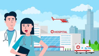 Hastane konsepti ile düz stil oluşturma, Doktor, Hemşire, hasta, helikopter ve ambulans arabaya. Bina, doktorlar, hemşireler, Tekerlekli sandalye, ambulans araba, helikopter ve şehir arkasında kadın Hastanesi.