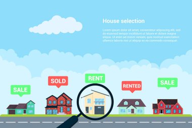 House seçim Infographic düz stil tasarım vektör çizim. Şehir Infographic çimen, yol ve evler. Yaşamak için birçok yerlerdir. Seçim için sunulmalıdır. Emlak afiş kavramı.