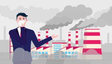 Şaşkın adam smog karşı maske takıyor. İnce toz, hava kirliliği, endüstriyel duman koruma kavramı düz stil tasarlamak vektör. Endüstriyel fabrika boru duman arkasında büyük bulutlar ile.