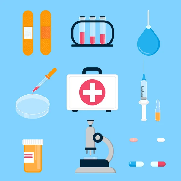 Krankenhaus Medizin Verbandskasten Und Laborausrüstung Für Analyse Impfstoffe Und Heilung — Stockvektor