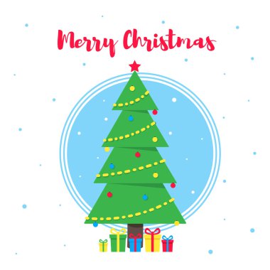 Noel köknar ve metin düz stil vektör çizim ile neşeli Noel tebrik kartpostalı. Noel ve mutlu yeni yıl kartı hediyeler ve ağaç izole kar taneleri arka plan üzerinde kutluyor.