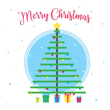 Noel köknar ve metin düz stil vektör çizim ile neşeli Noel tebrik kartpostalı. Noel ve mutlu yeni yıl kartı hediyeler ve ağaç izole kar taneleri arka plan üzerinde kutluyor.