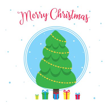 Noel köknar ve metin düz stil vektör çizim ile neşeli Noel tebrik kartpostalı. Noel ve mutlu yeni yıl kartı hediyeler ve ağaç izole kar taneleri arka plan üzerinde kutluyor.