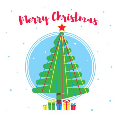 Noel köknar ve metin düz stil vektör çizim ile neşeli Noel tebrik kartpostalı. Noel ve mutlu yeni yıl kartı hediyeler ve ağaç izole kar taneleri arka plan üzerinde kutluyor.