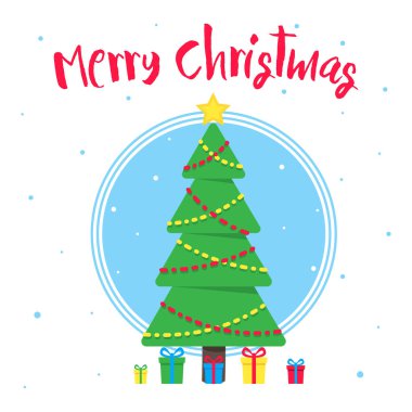Noel köknar ve metin düz stil vektör çizim ile neşeli Noel tebrik kartpostalı. Noel ve mutlu yeni yıl kartı hediyeler ve ağaç izole kar taneleri arka plan üzerinde kutluyor.