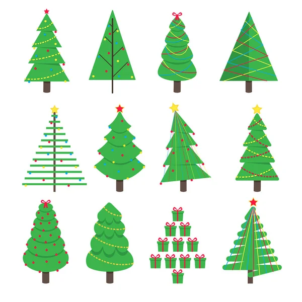 16圣诞树冷杉平面设计图标标志集矢量插图 在白色背景隔绝的家庭圣诞节节日庆祝的标志 简单的形状为圣洁天 — 图库矢量图片