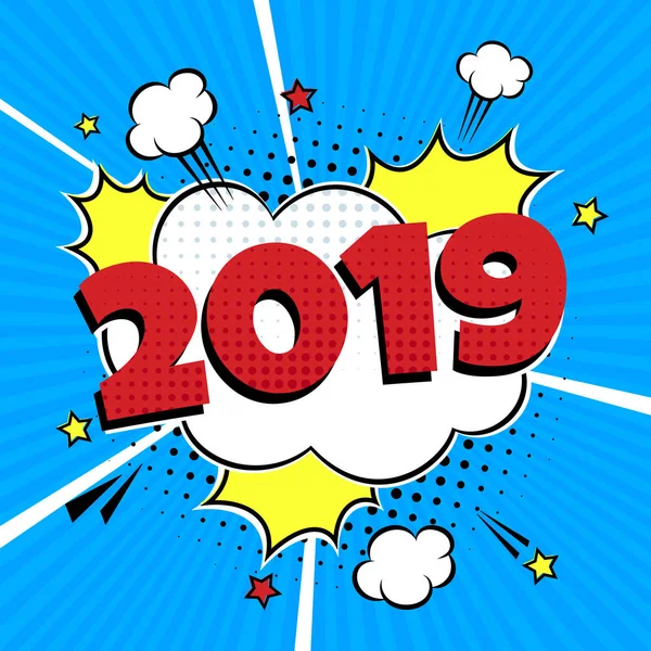 2019 Gelukkig Nieuw Jaar Christmas Comic Popart Tekstballon Vector Illustratie — Stockvector