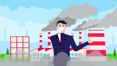 Şaşkın adam smog karşı maske takıyor. İnce toz, hava kirliliği, endüstriyel duman koruma kavramı düz stil tasarlamak vektör. Endüstriyel fabrika boru duman arkasında büyük bulutlar ile.
