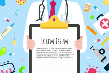 Tıbbi afiş kavramı düz stil tasarım poster. Erkek doktor çalışan bu holding Pano ve arounded ile hastane ekipman ve ilaçlar üzerinde. Tıbbi farkındalık grip, çocuk felci grip vb afiş
