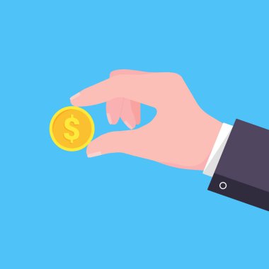 El, düz stil tasarım vektör illüstrasyonunda iki parmakla altın sikkeyi tutar. Dolar veya daha fazla para bağışla. Açık mavi arkaplanda izole edilmiş bağış sembolü.