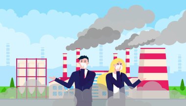 Karışık erkek, kadın maskeli smog karşı. İnce toz, hava kirliliği, endüstriyel duman koruma kavramı düz stil tasarlamak vektör. Endüstriyel fabrika boru duman arkasında büyük bulutlar ile.